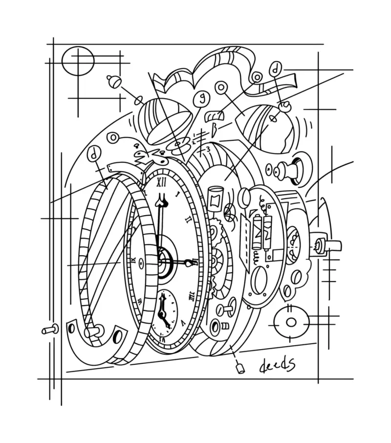 Line drawing of an exploded clock