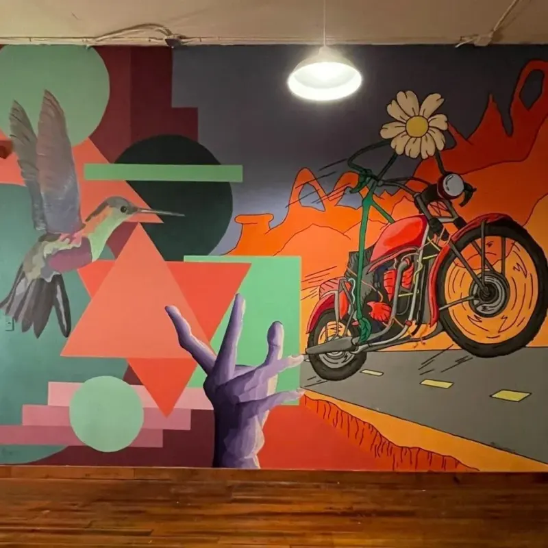 Motorcycle and hummingbird mural